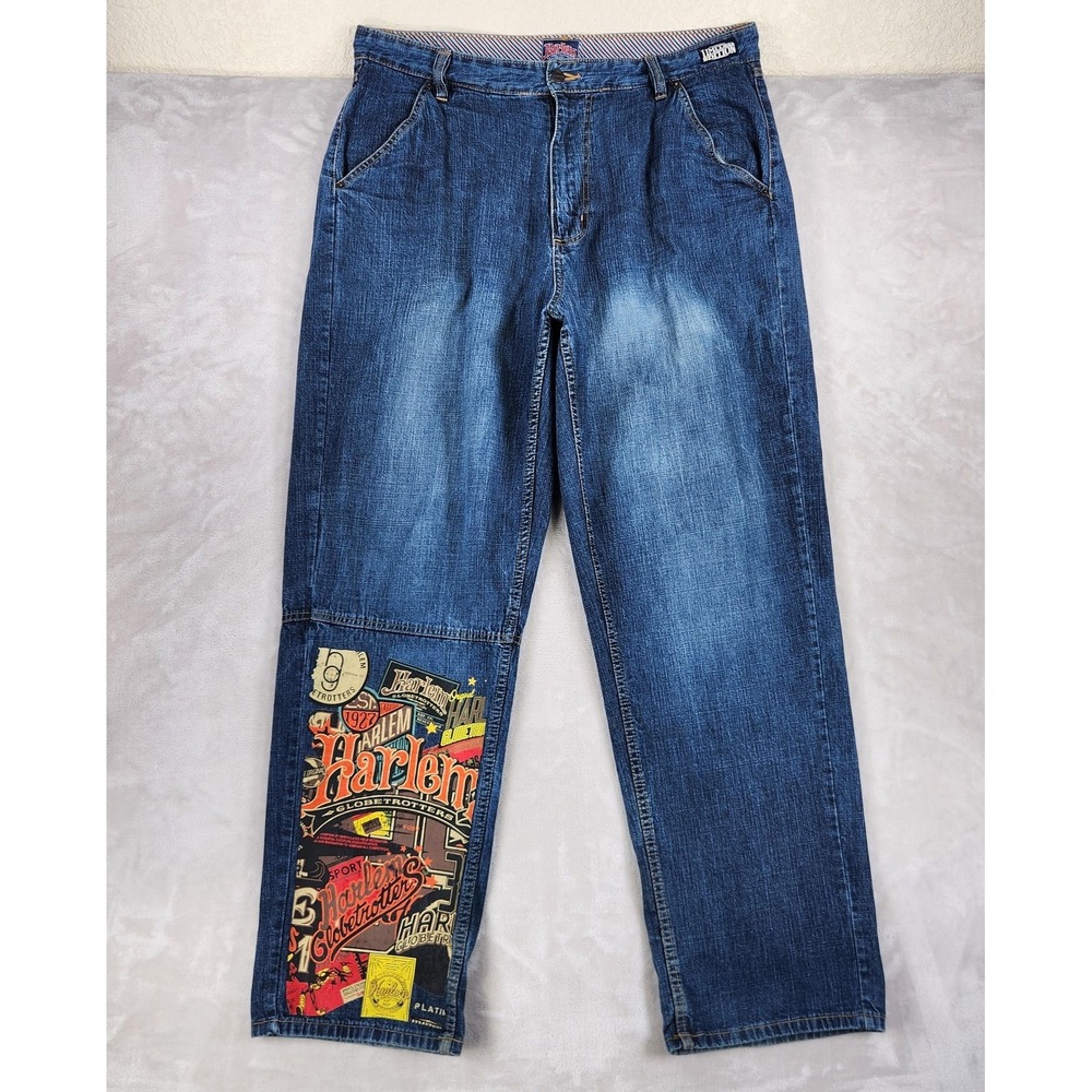 FUBU Harlem Globetrotters Jeans Mens 38 Blue Basketball Platinum Denim Patch